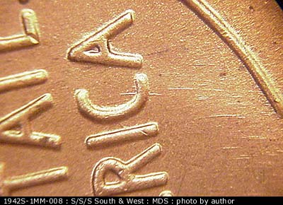 Die-stage B marker on 1942S•1MM•008 (1942 Repunched Mint Mark).