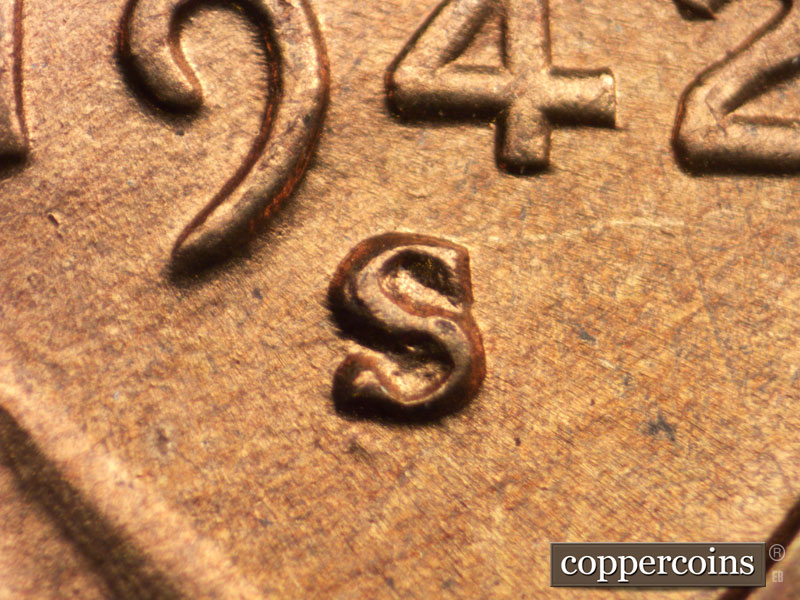 Die-stage C marker on 1942S•1MM•008 (1942 Repunched Mint Mark).