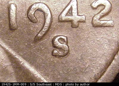 1942 Lincoln cent obverse, CopperCoins die 1942S•1MM•009.