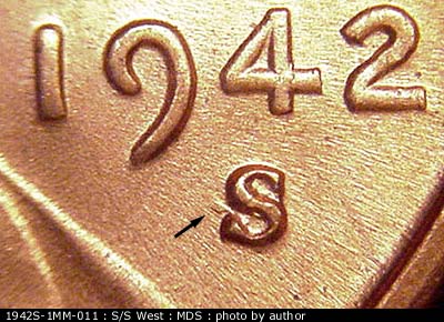 1942 Lincoln cent obverse, CopperCoins die 1942S•1MM•011.