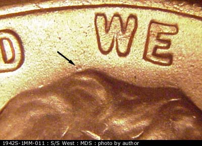 Die-stage B marker on 1942S•1MM•011 (1942 Repunched Mint Mark).