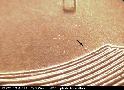 Die-stage B marker on 1942S•1MM•011 (1942 Repunched Mint Mark).