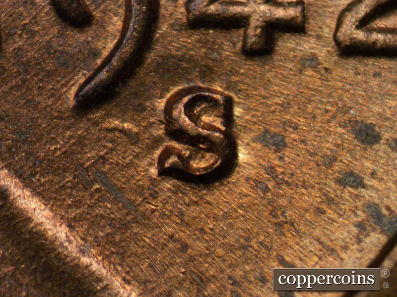 1942 Lincoln cent obverse, CopperCoins die 1942S•1MM•012.