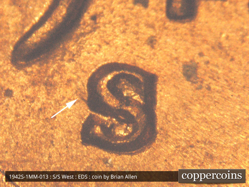 Die-stage A marker on 1942S•1MM•013 (1942 Repunched Mint Mark).