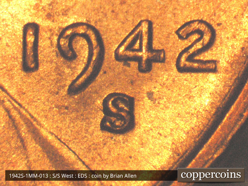 Die-stage A marker on 1942S•1MM•013 (1942 Repunched Mint Mark).