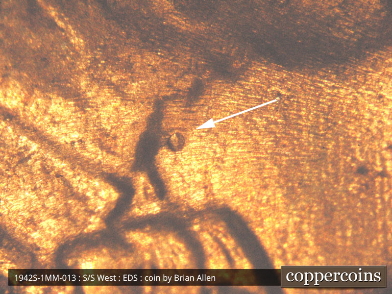 Die-stage A marker on 1942S•1MM•013 (1942 Repunched Mint Mark).