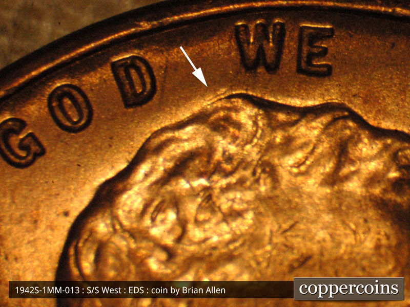 Die-stage A marker on 1942S•1MM•013 (1942 Repunched Mint Mark).