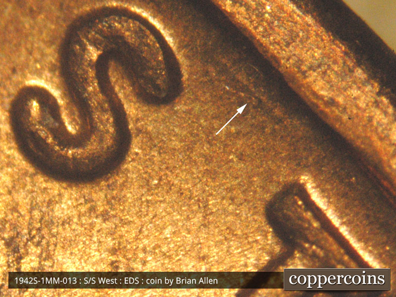 Die-stage A marker on 1942S•1MM•013 (1942 Repunched Mint Mark).