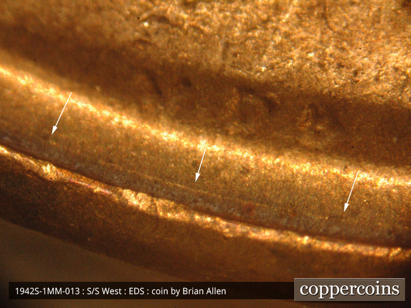 Die-stage A marker on 1942S•1MM•013 (1942 Repunched Mint Mark).