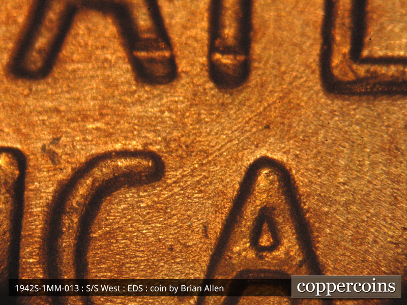 Die-stage A marker on 1942S•1MM•013 (1942 Repunched Mint Mark).