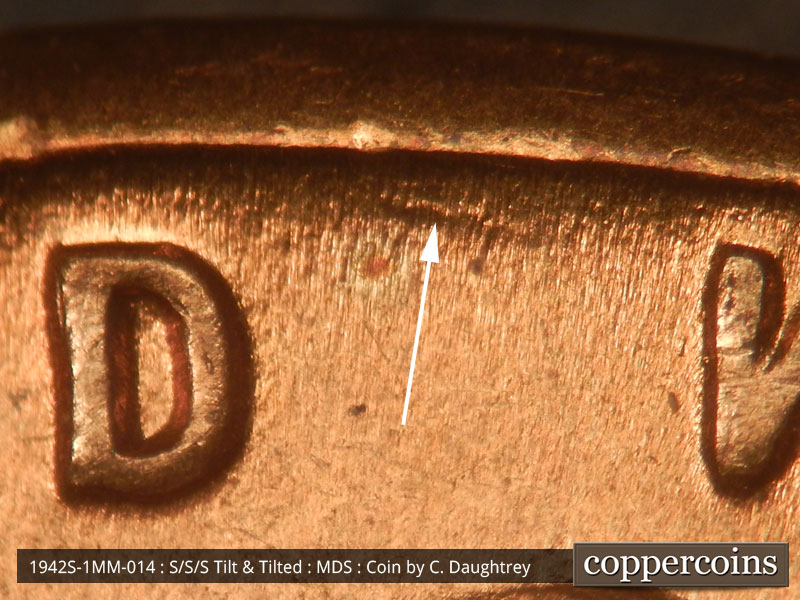 Die-stage B marker on 1942S•1MM•014 (1942 Repunched Mint Mark).