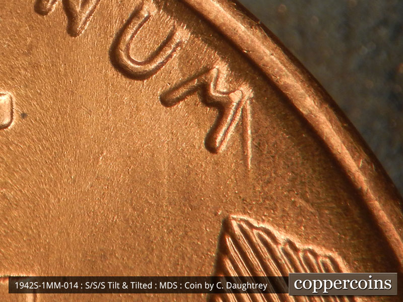 Die-stage B marker on 1942S•1MM•014 (1942 Repunched Mint Mark).