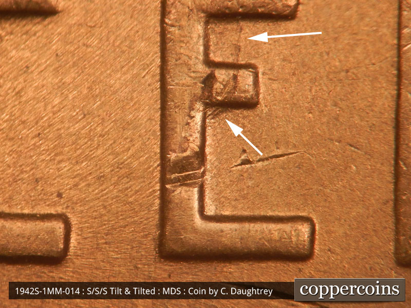 Die-stage B marker on 1942S•1MM•014 (1942 Repunched Mint Mark).