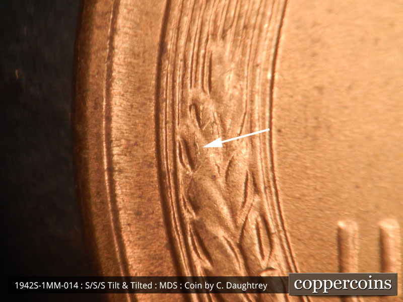 Die-stage B marker on 1942S•1MM•014 (1942 Repunched Mint Mark).