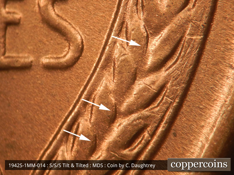 Die-stage B marker on 1942S•1MM•014 (1942 Repunched Mint Mark).