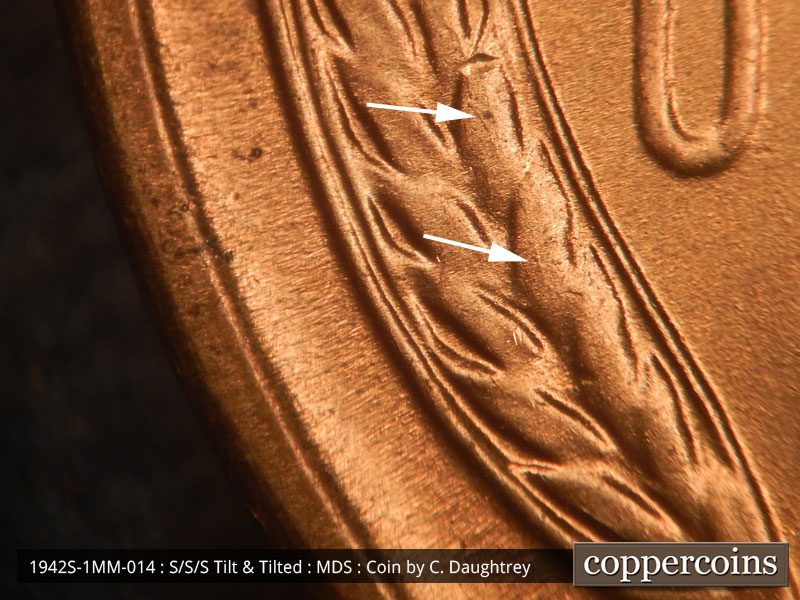 Die-stage B marker on 1942S•1MM•014 (1942 Repunched Mint Mark).