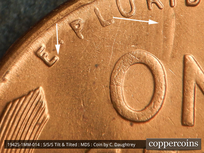 Die-stage B marker on 1942S•1MM•014 (1942 Repunched Mint Mark).