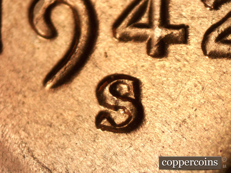 1942 Lincoln cent obverse, CopperCoins die 1942S•1MM•018.