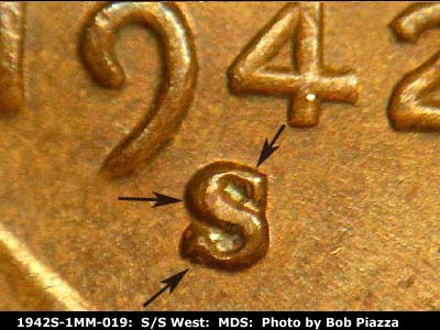 1942 Lincoln cent obverse, CopperCoins die 1942S•1MM•019.
