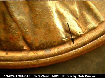 Die-stage B marker on 1942S•1MM•019 (1942 Repunched Mint Mark).