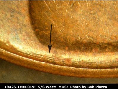 Die-stage B marker on 1942S•1MM•019 (1942 Repunched Mint Mark).