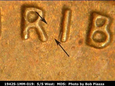 Die-stage B marker on 1942S•1MM•019 (1942 Repunched Mint Mark).