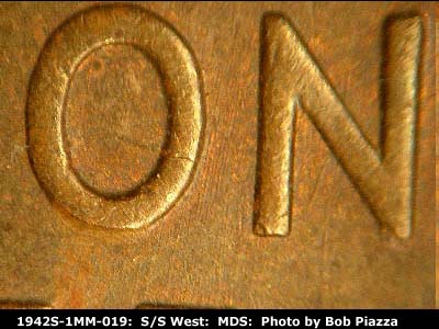 Die-stage B marker on 1942S•1MM•019 (1942 Repunched Mint Mark).