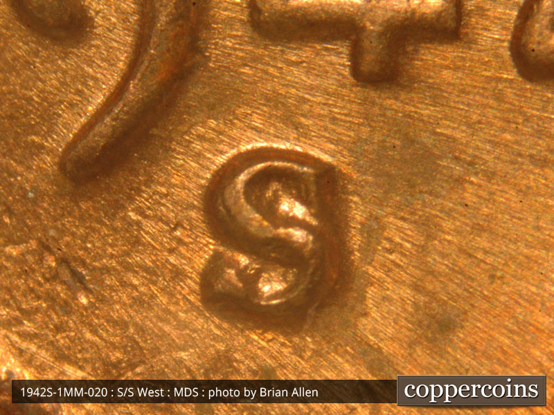 1942 Lincoln cent obverse, CopperCoins die 1942S•1MM•020.