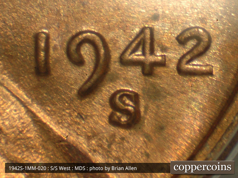 Die-stage B marker on 1942S•1MM•020 (1942 Repunched Mint Mark).