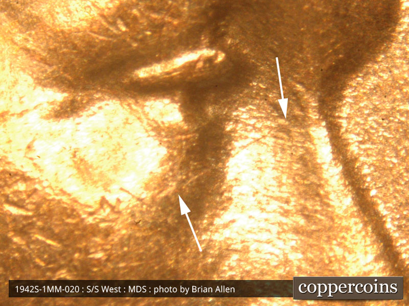 Die-stage B marker on 1942S•1MM•020 (1942 Repunched Mint Mark).