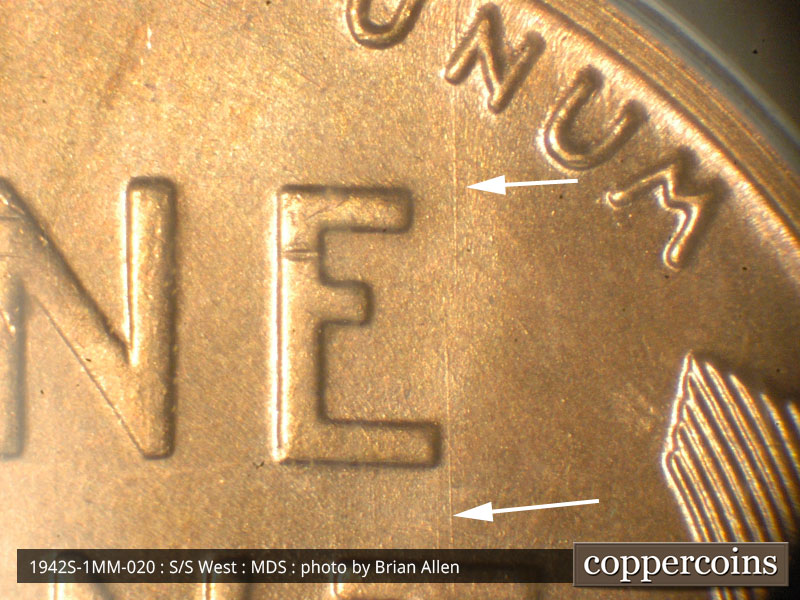 Die-stage B marker on 1942S•1MM•020 (1942 Repunched Mint Mark).