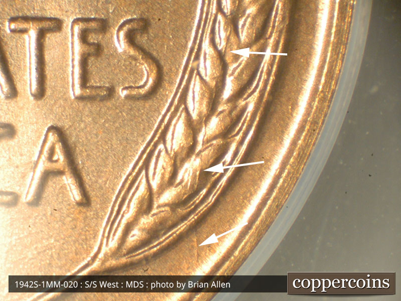 Die-stage B marker on 1942S•1MM•020 (1942 Repunched Mint Mark).