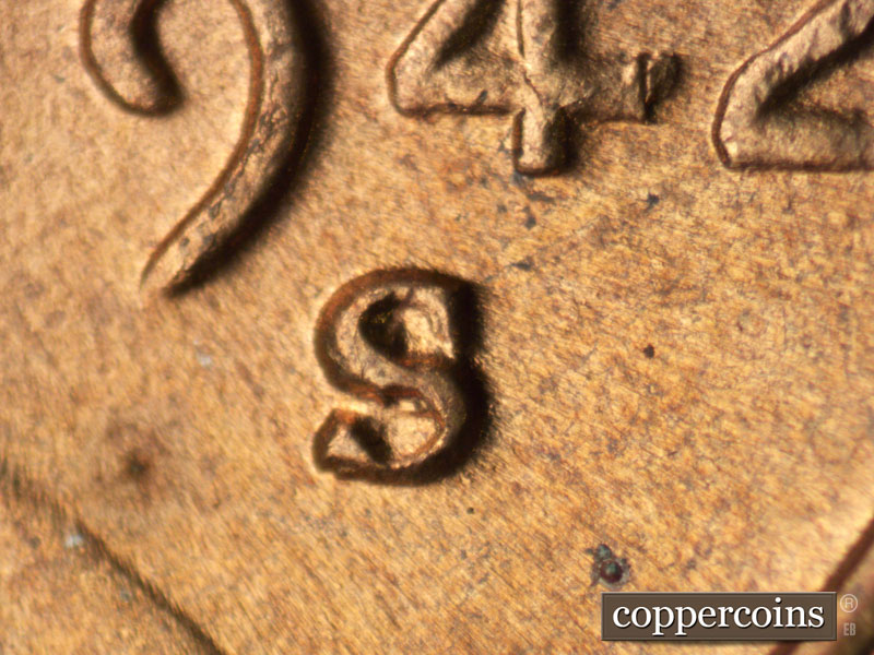 Die-stage C marker on 1942S•1MM•022 (1942 Repunched Mint Mark).
