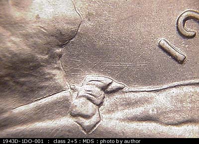 Die-stage B marker on 1943D•1DO•001 (1943 Doubled Die Obverse).