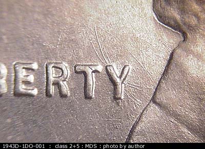 Die-stage B marker on 1943D•1DO•001 (1943 Doubled Die Obverse).