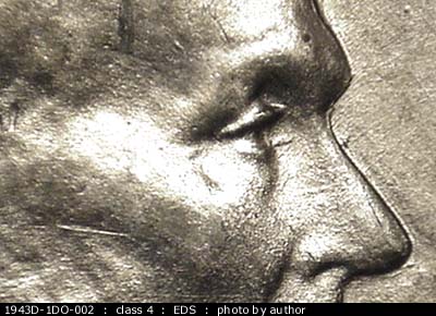 Die-stage A marker on 1943D•1DO•002 (1943 Doubled Die Obverse).