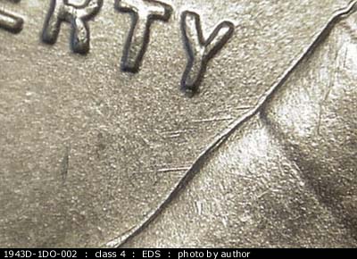 Die-stage A marker on 1943D•1DO•002 (1943 Doubled Die Obverse).
