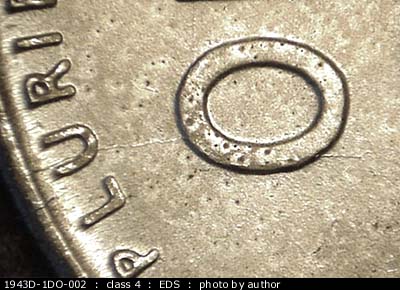 Die-stage A marker on 1943D•1DO•002 (1943 Doubled Die Obverse).