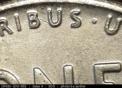 Die-stage A marker on 1943D•1DO•002 (1943 Doubled Die Obverse).