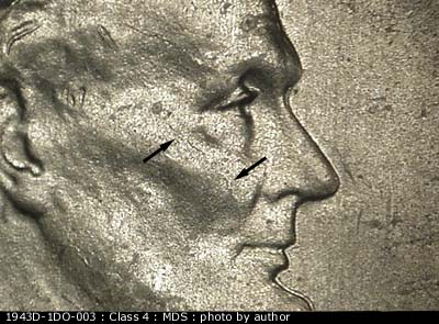 Die-stage B marker on 1943D•1DO•003 (1943 Doubled Die Obverse).