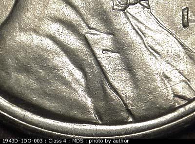 Die-stage B marker on 1943D•1DO•003 (1943 Doubled Die Obverse).