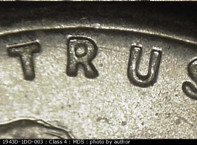 Die-stage B marker on 1943D•1DO•003 (1943 Doubled Die Obverse).