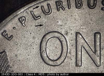 Die-stage B marker on 1943D•1DO•003 (1943 Doubled Die Obverse).