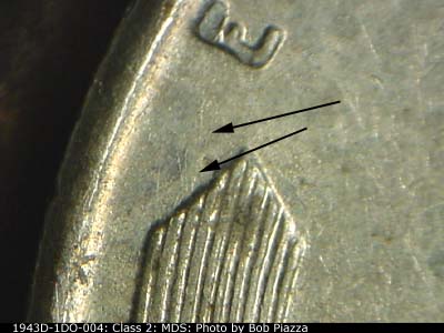 Die-stage B marker on 1943D•1DO•004 (1943 Doubled Die Obverse).