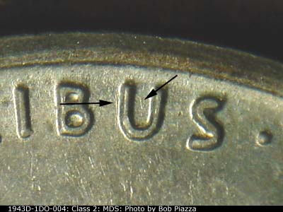 Die-stage B marker on 1943D•1DO•004 (1943 Doubled Die Obverse).