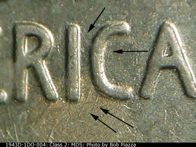 Die-stage B marker on 1943D•1DO•004 (1943 Doubled Die Obverse).