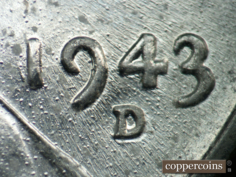 1943 Lincoln cent obverse, CopperCoins die 1943D•1DO•006.