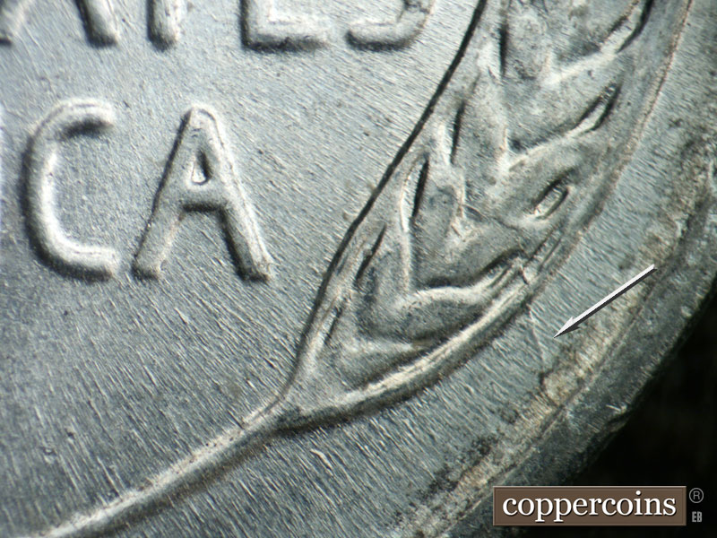 Die-stage B marker on 1943D•1DO•006 (1943 Doubled Die Obverse).