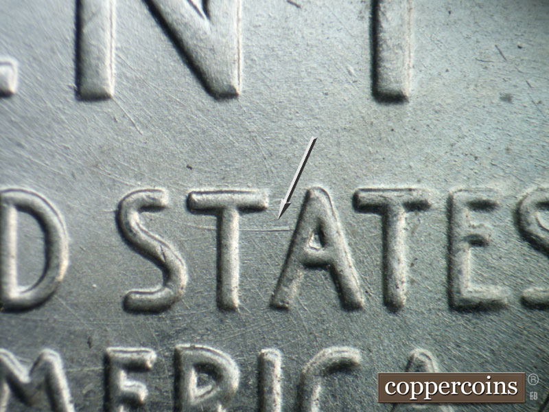 Die-stage B marker on 1943D•1DO•006 (1943 Doubled Die Obverse).