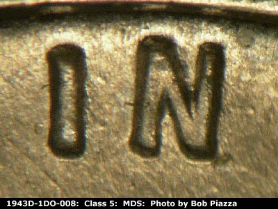 Die-stage B marker on 1943D•1DO•008 (1943 Doubled Die Obverse).